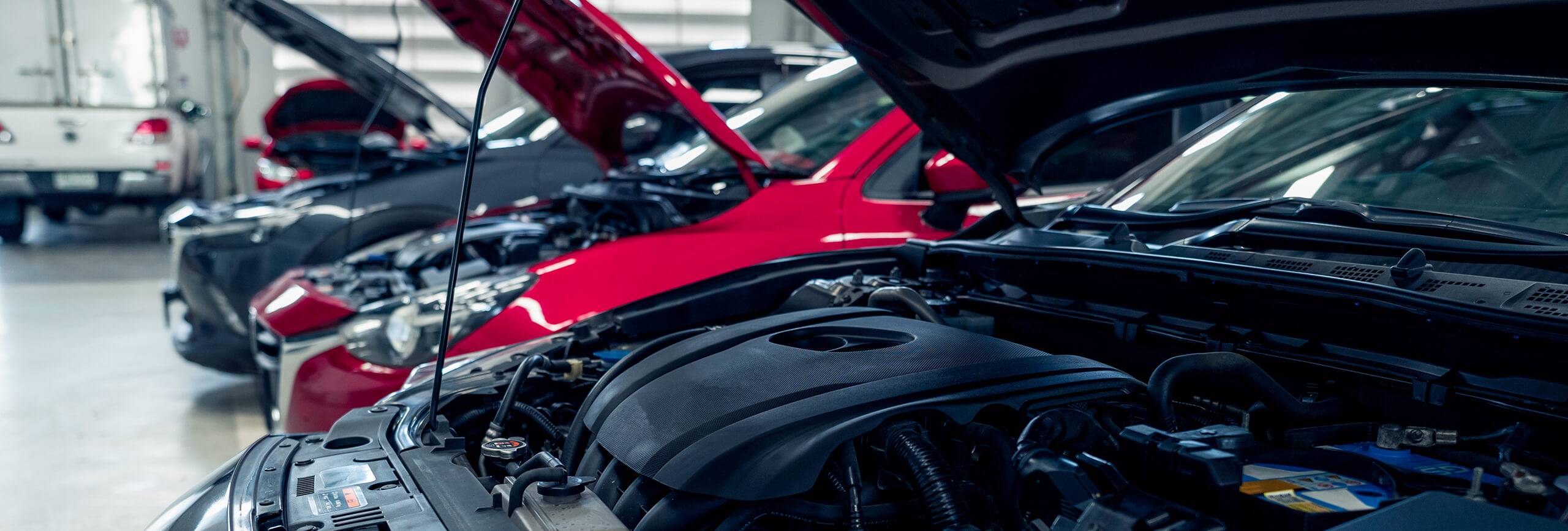 Cars with open hoods in a garage